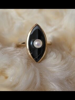 Marquise Hematite 10k Yellow Polished Gold Ring with Pearl Accent Siffari Sz 6